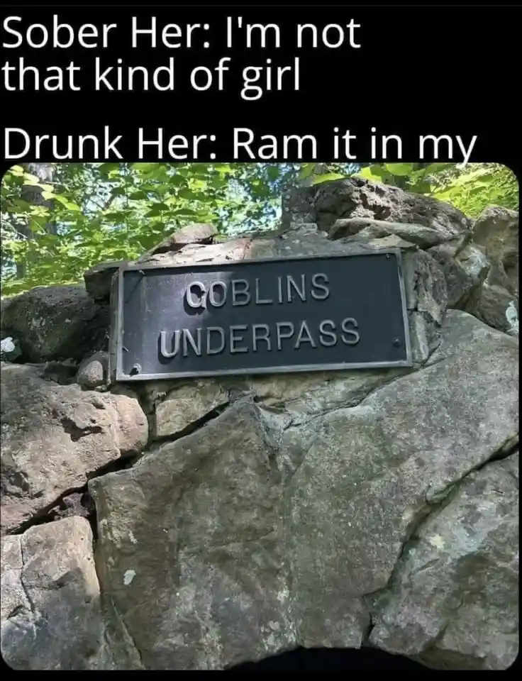A black metal sign reading 'GOBLINS UNDERPASS' is mounted on a rough stone wall surrounded by green foliage. White text…