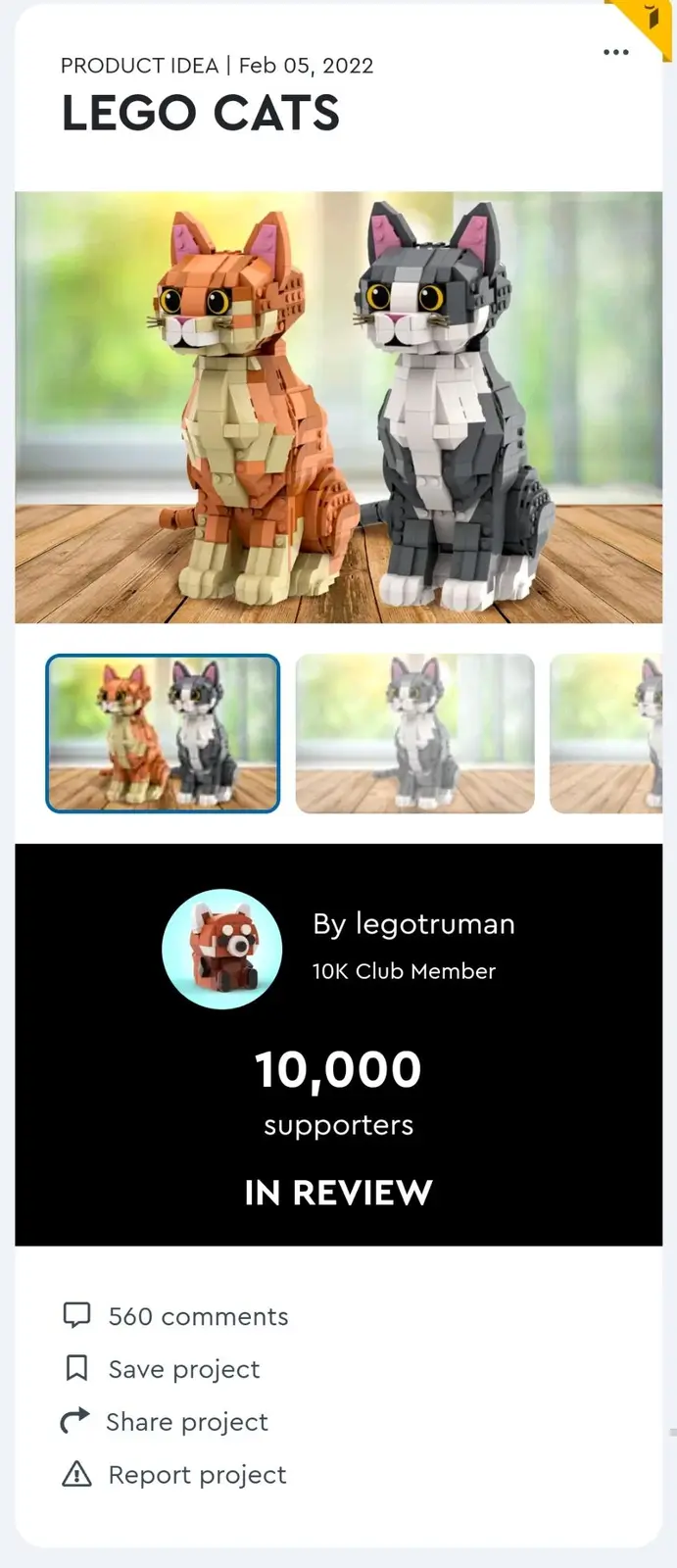 A screenshot of a LEGO Ideas product page showing two detailed cat models made of LEGO bricks, one orange and one gray…