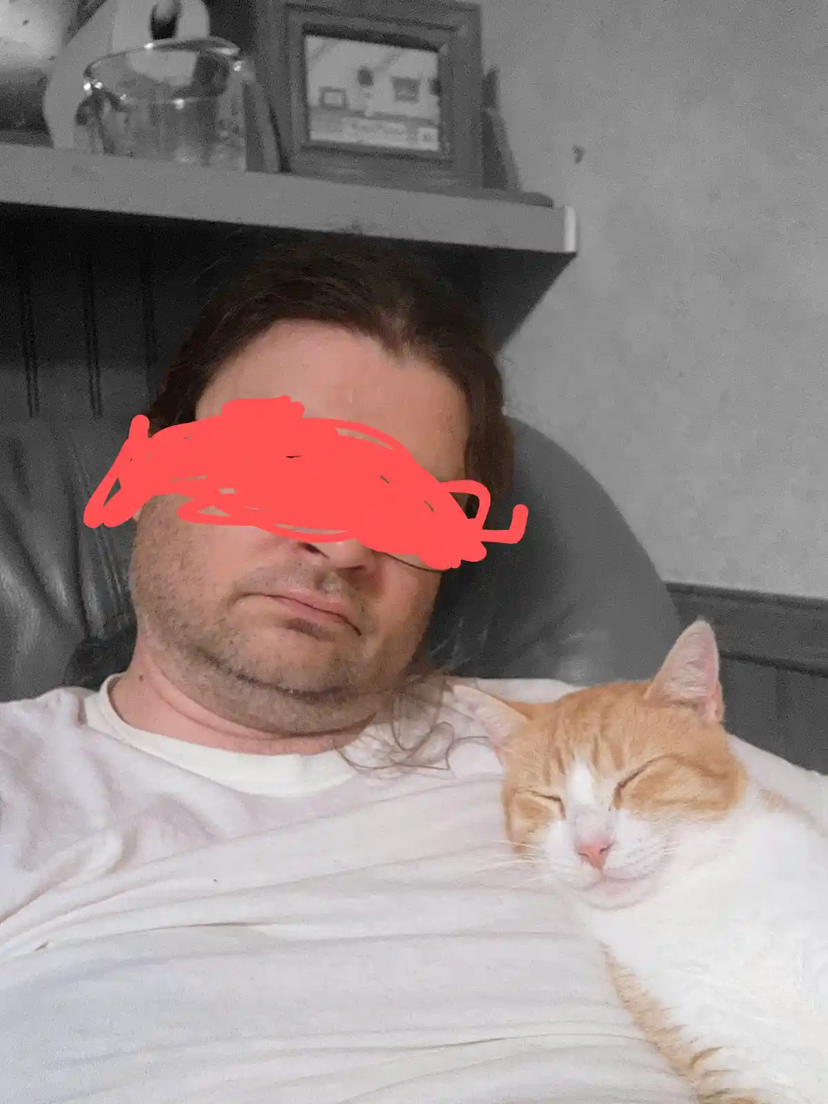 A man with his face obscured by red scribbles lies in a chair, looking tired, while a sleeping orange and white cat rests…