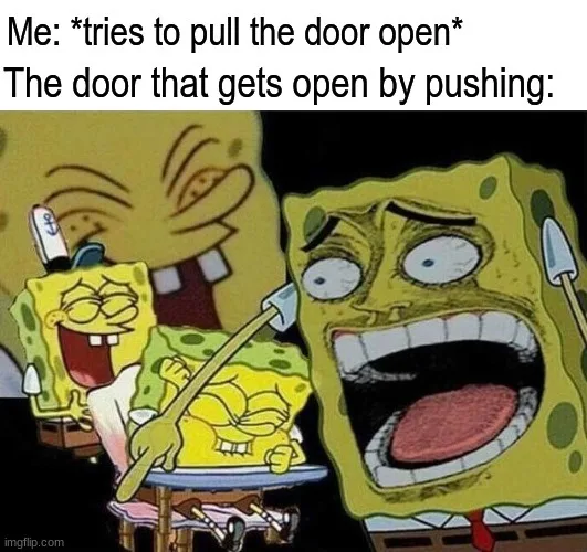 The image shows three versions of SpongeBob SquarePants. One is laughing while pulling on a door handle, another is…