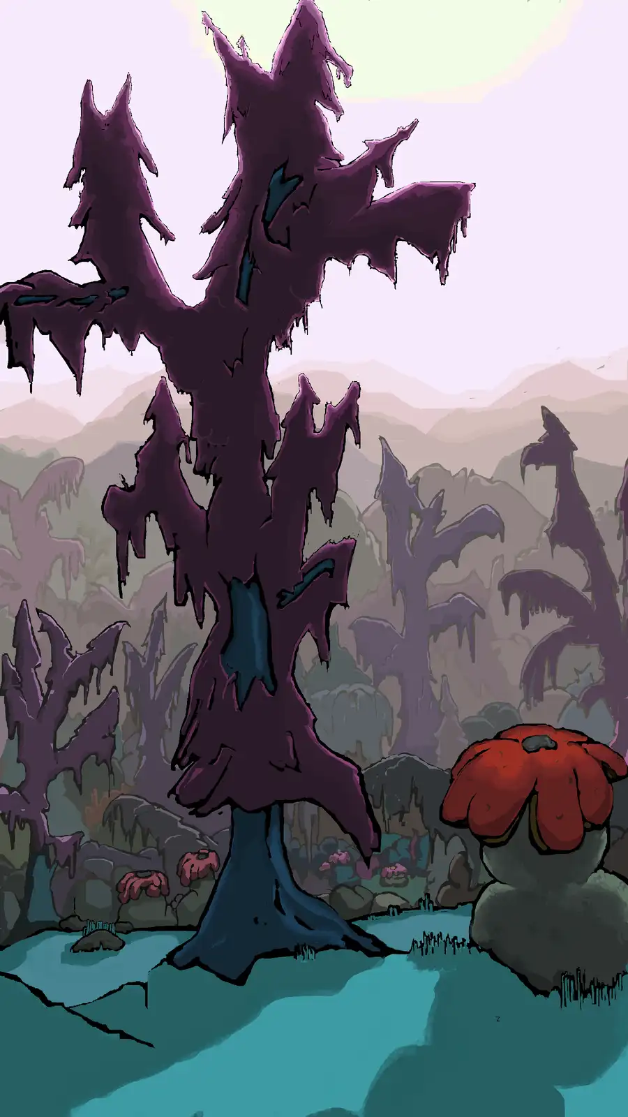 A cartoonish, stylized landscape features a large, dark purple tree with jagged, dripping branches and a blue trunk…