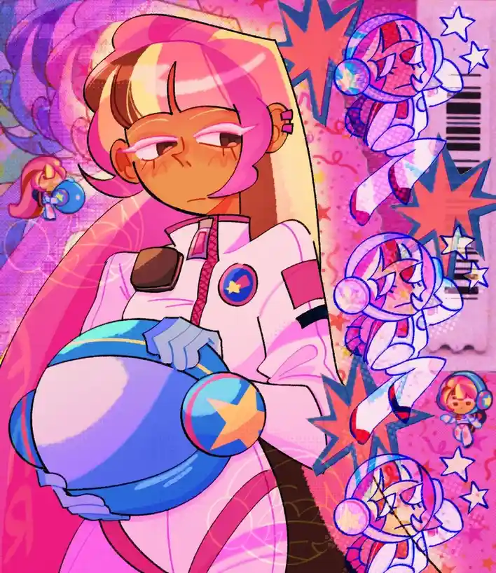 An anime-style illustration features a pink-haired girl in a white astronaut suit holding a blue helmet, looking tired or…