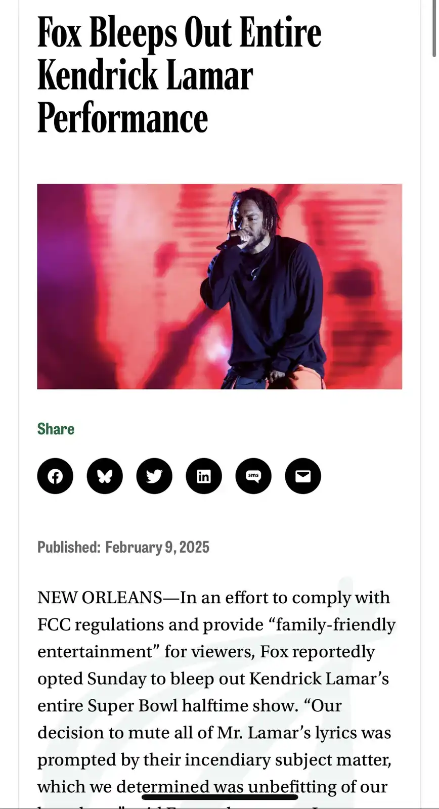 An image of a news article with the headline 'Fox Bleeps Out Entire Kendrick Lamar Performance' above a photo of Kendrick…