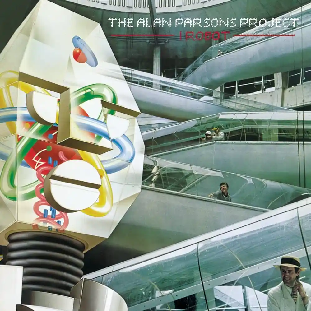 The image is the album cover for 'I Robot' by The Alan Parsons Project, featuring a large, stylized robot head with colorful…