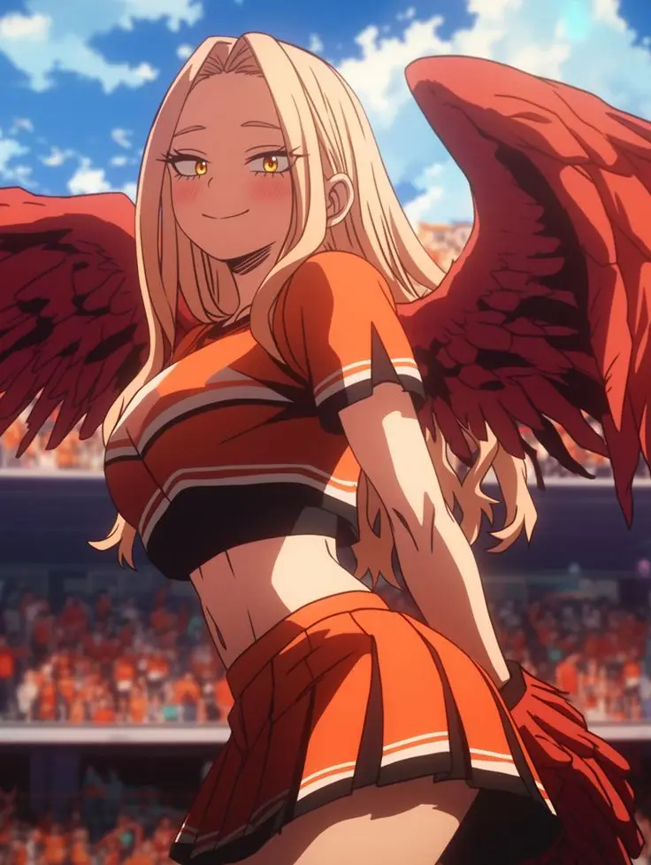 An anime-style illustration shows a blonde woman with large red devil wings, wearing an orange and black cheerleader outfit…