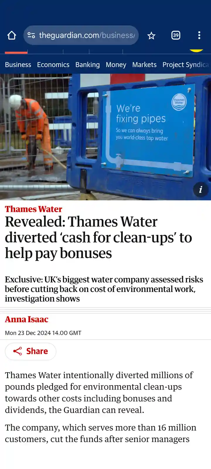 A screenshot of a Guardian article about Thames Water diverting funds for clean-ups to pay bonuses, overlaid with a blue…