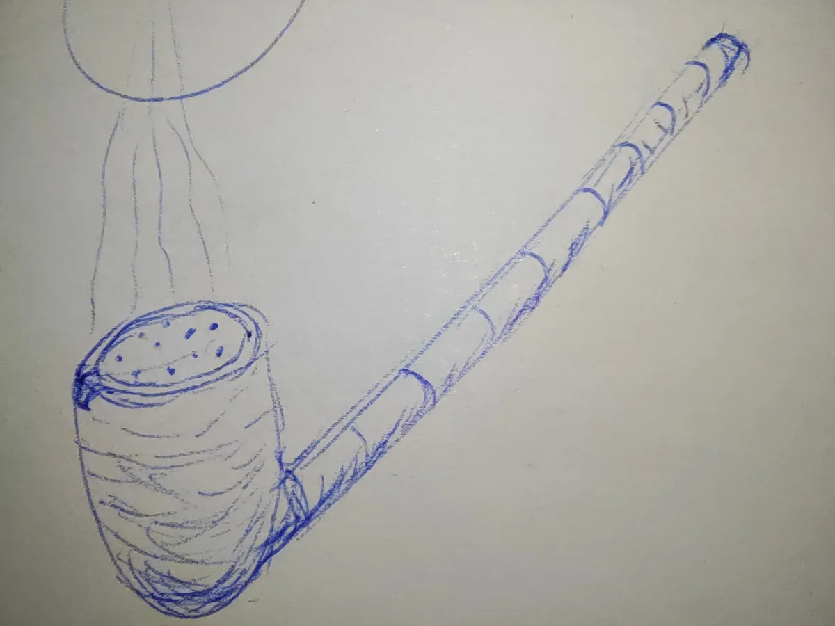 A simple blue ink sketch on white paper depicts a smoking pipe with smoke rising from its bowl. The pipe has a curved stem…
