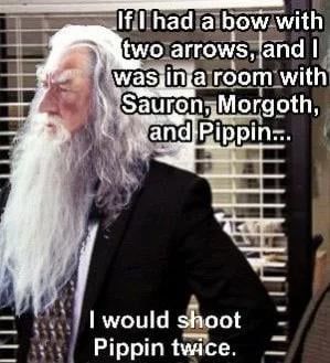 An image of Gandalf the Grey, with long white hair and beard, wearing a dark coat and patterned tie, looking sternly to the…