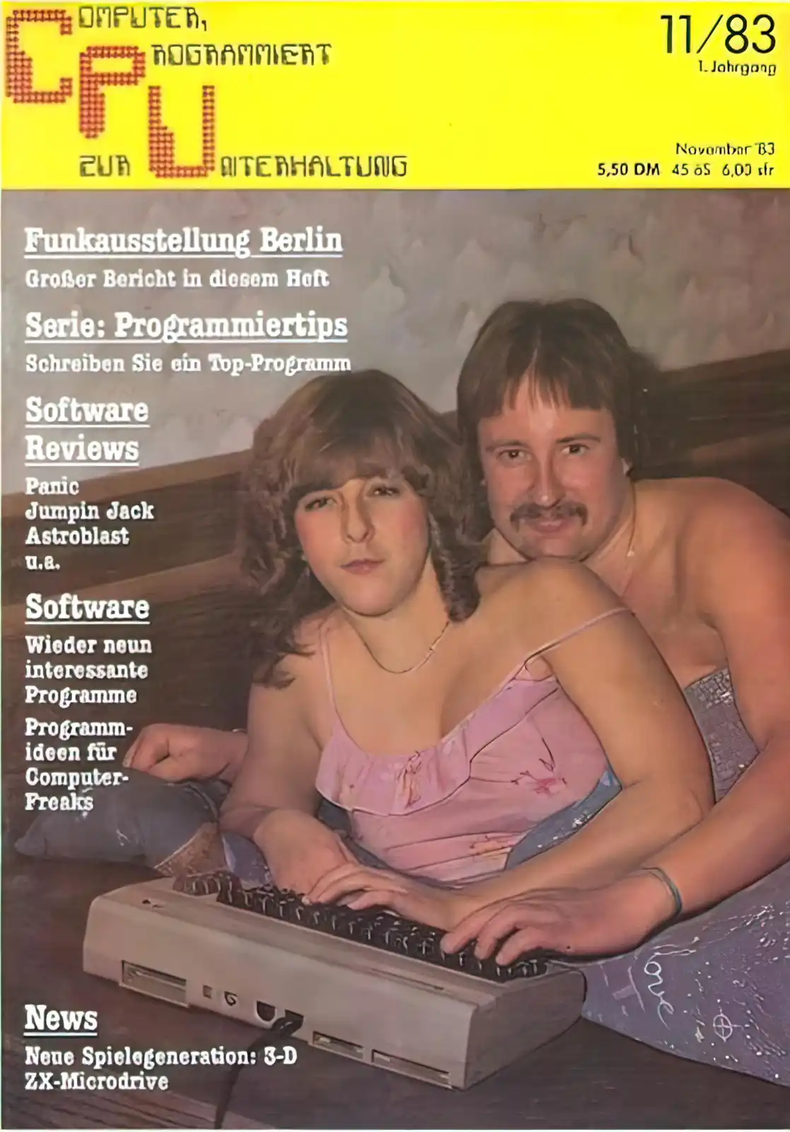 The image is the cover of a German computer magazine from November 1983, featuring a man and a woman posing intimately while…