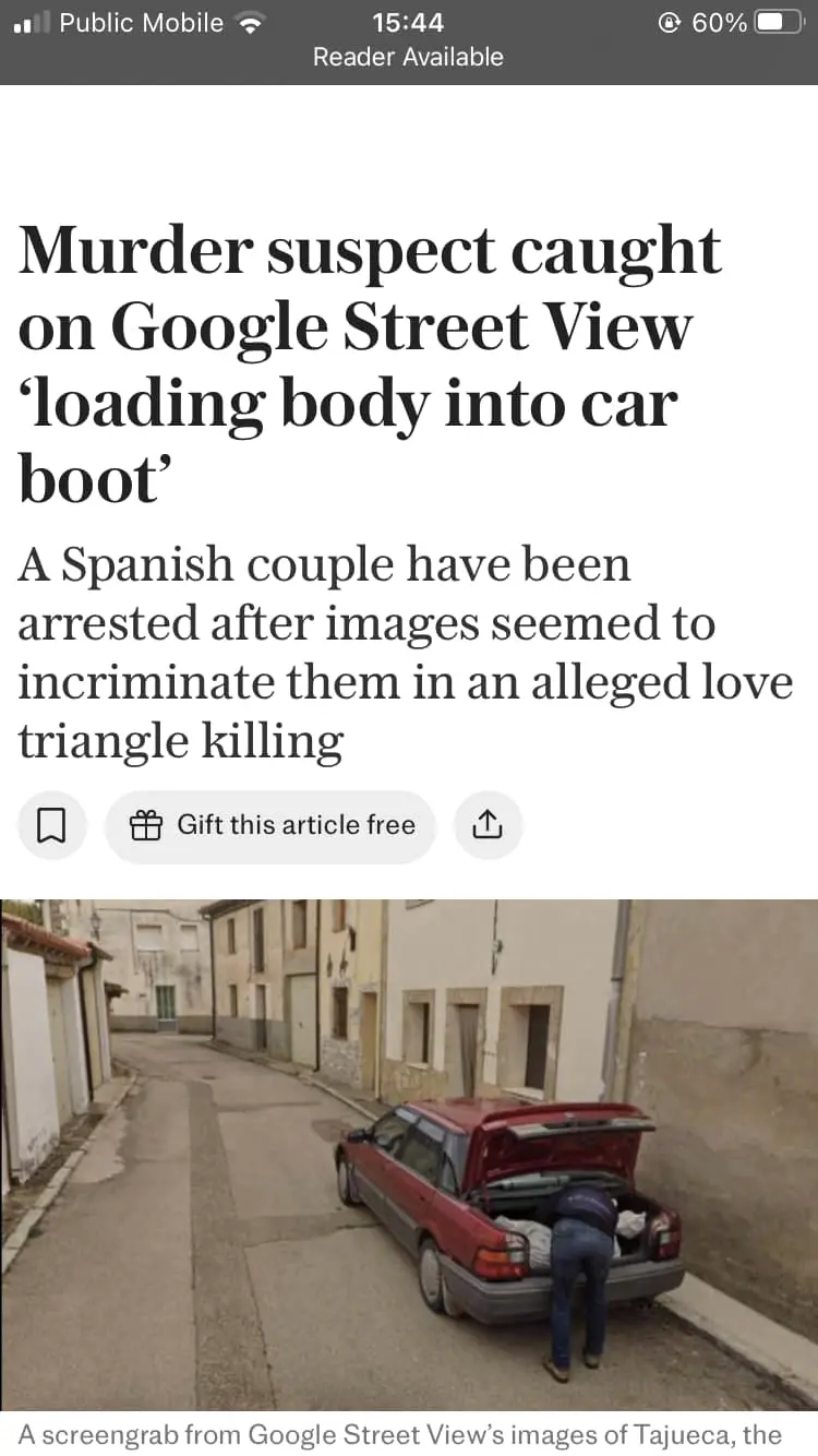 A screenshot of a news article shows a headline about a murder suspect allegedly caught on Google Street View loading a body…