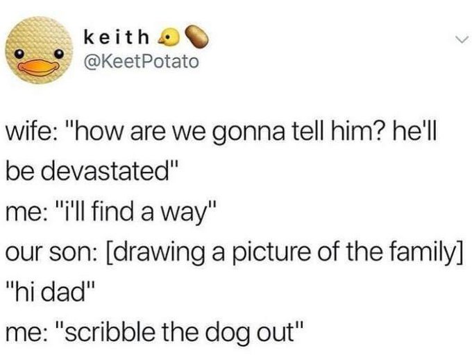 A screenshot of a tweet by user 'keith' with a duck emoji and potato emoji, showing a humorous dialogue about a family…