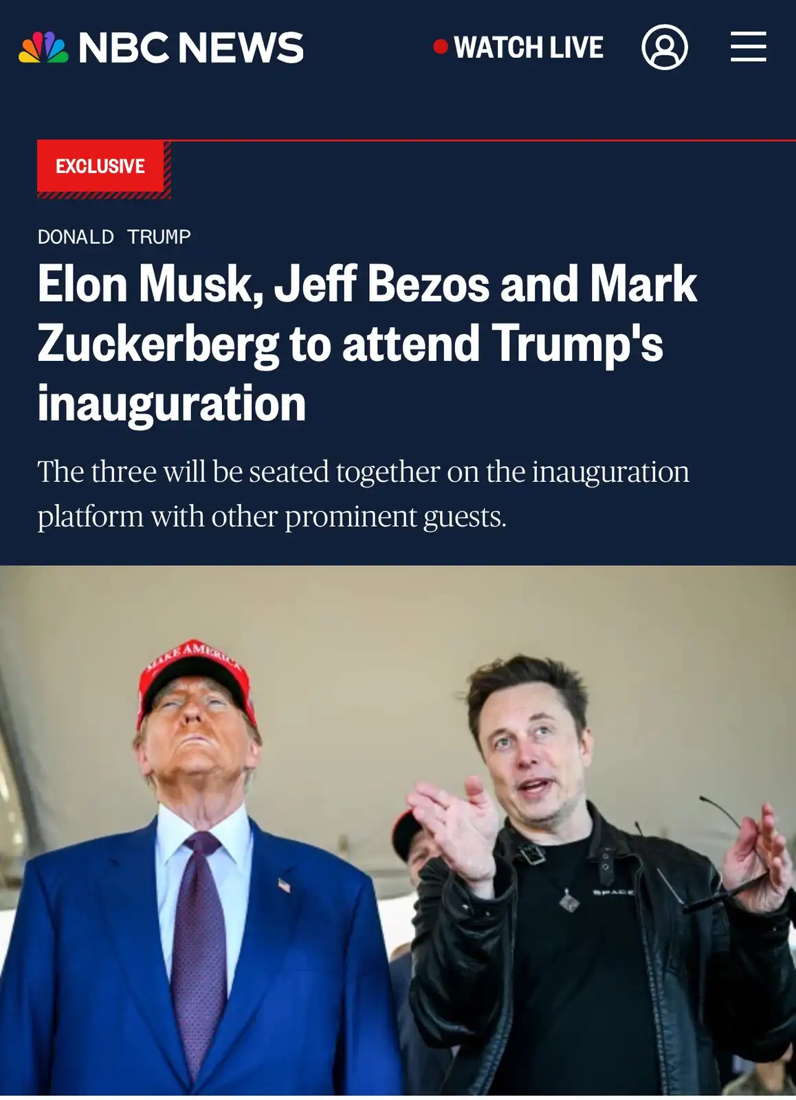 An NBC News article screenshot shows Donald Trump wearing a red 'Make America Great Again' cap and Elon Musk gesturing while…