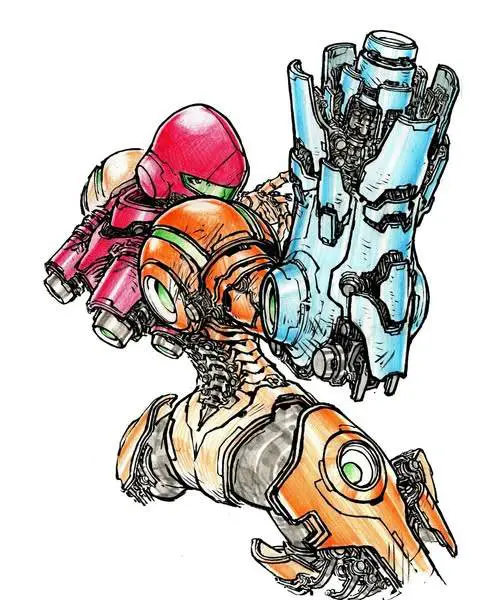 A sketch-style illustration of the video game character Samus Aran in her Power Suit, shown from a dynamic angle with her…