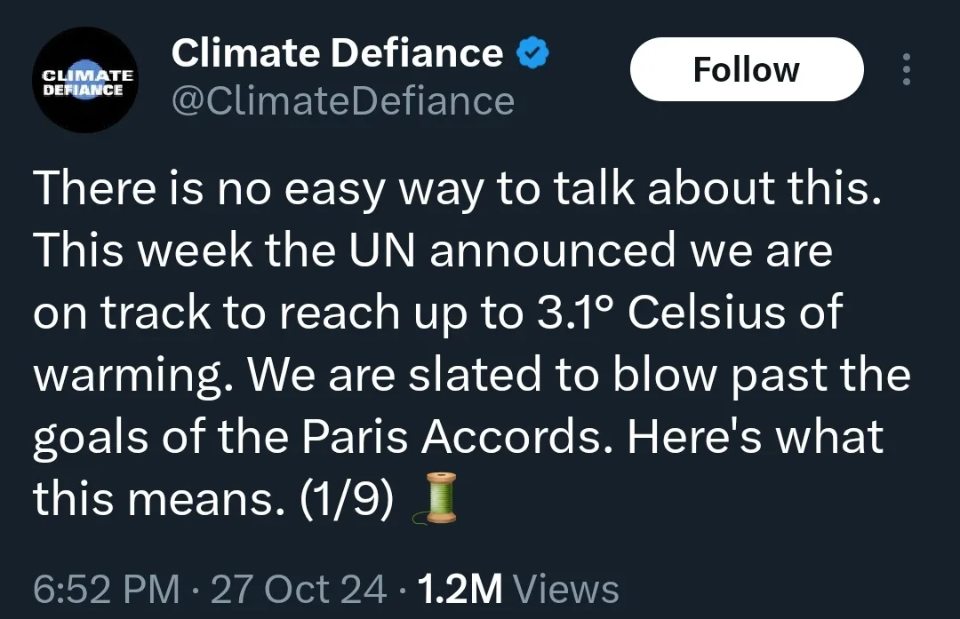 A screenshot of a tweet from the verified account 'Climate Defiance' (@ClimateDefiance) with a dark background and white…
