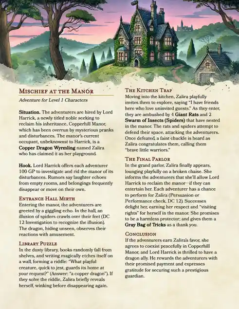 An illustrated fantasy adventure sheet titled 'Mischief at the Manor' for D&D Level 1 characters, featuring a gothic manor…