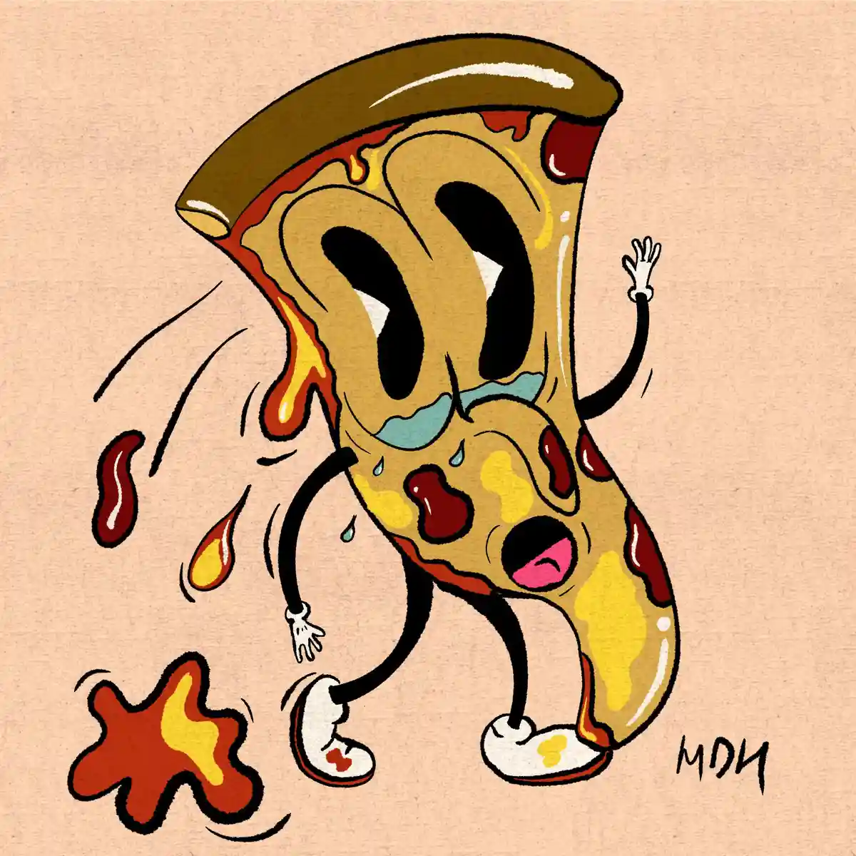 A cartoon slice of pizza with arms, legs, and a face is running away in distress, with sauce and cheese dripping from it and…