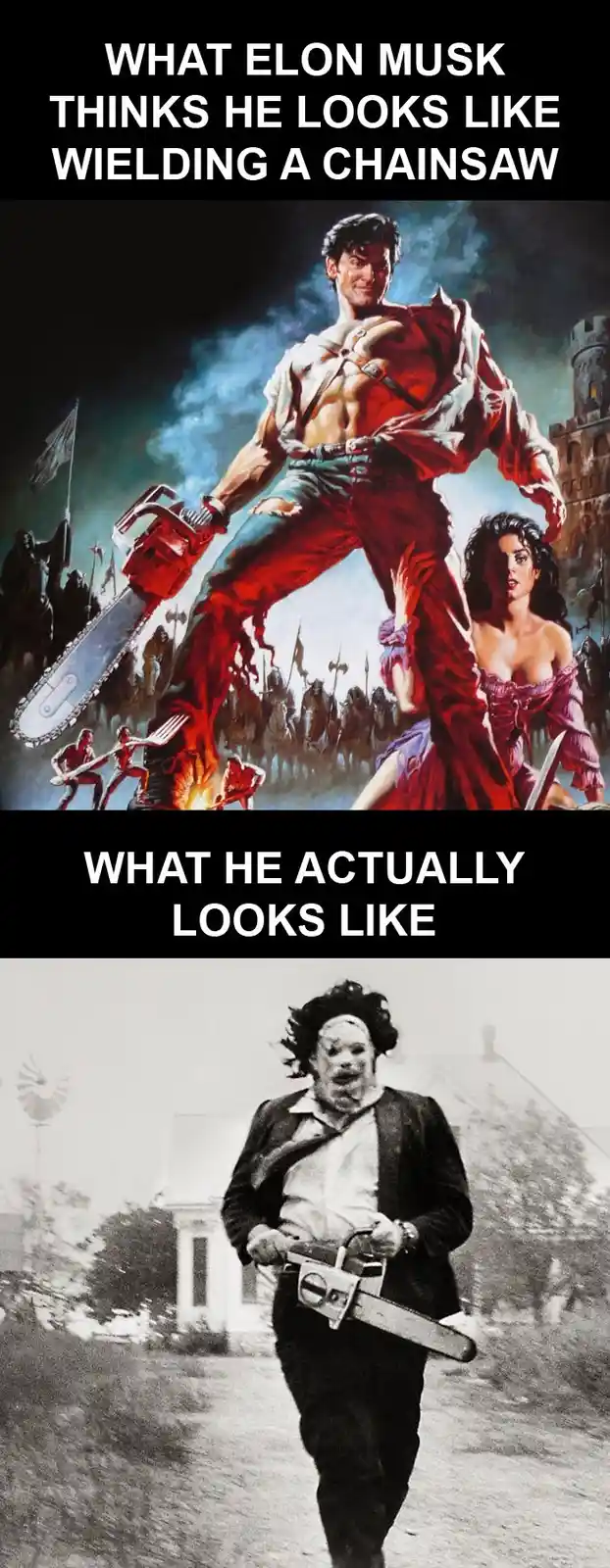 The meme features two images: the top shows a muscular, heroic man in a red outfit wielding a chainsaw, with a woman beside…