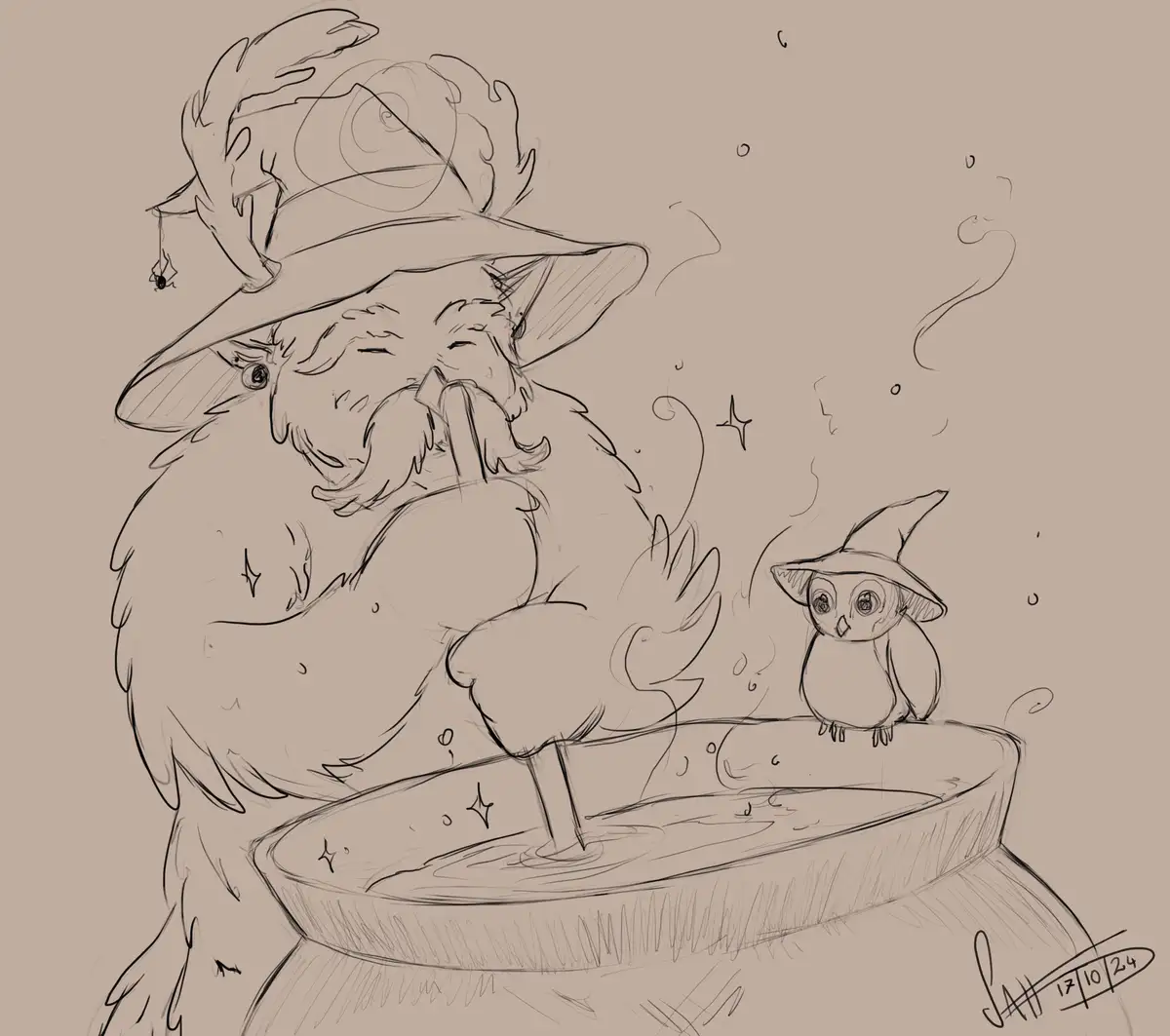 A sketch-style drawing shows a large, bearded wizard with a wide-brimmed hat, blissfully sipping from a goblet while leaning…