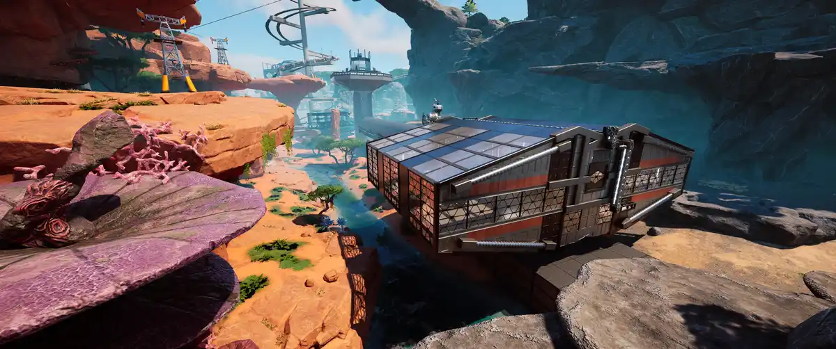 A screenshot from a video game shows a futuristic, boxy building with glass panels and metal framing, suspended over a…