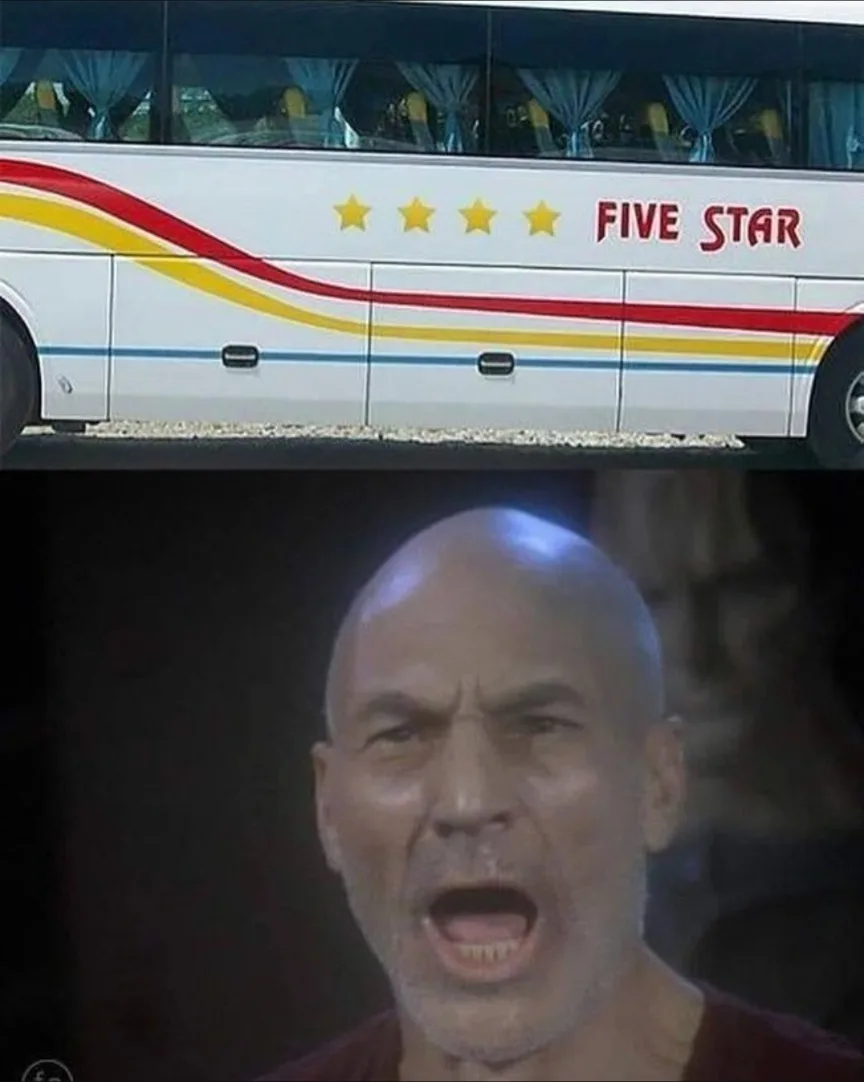 The image is a two-panel meme. The top panel shows the side of a white tour bus with red, yellow, and blue stripes, four…