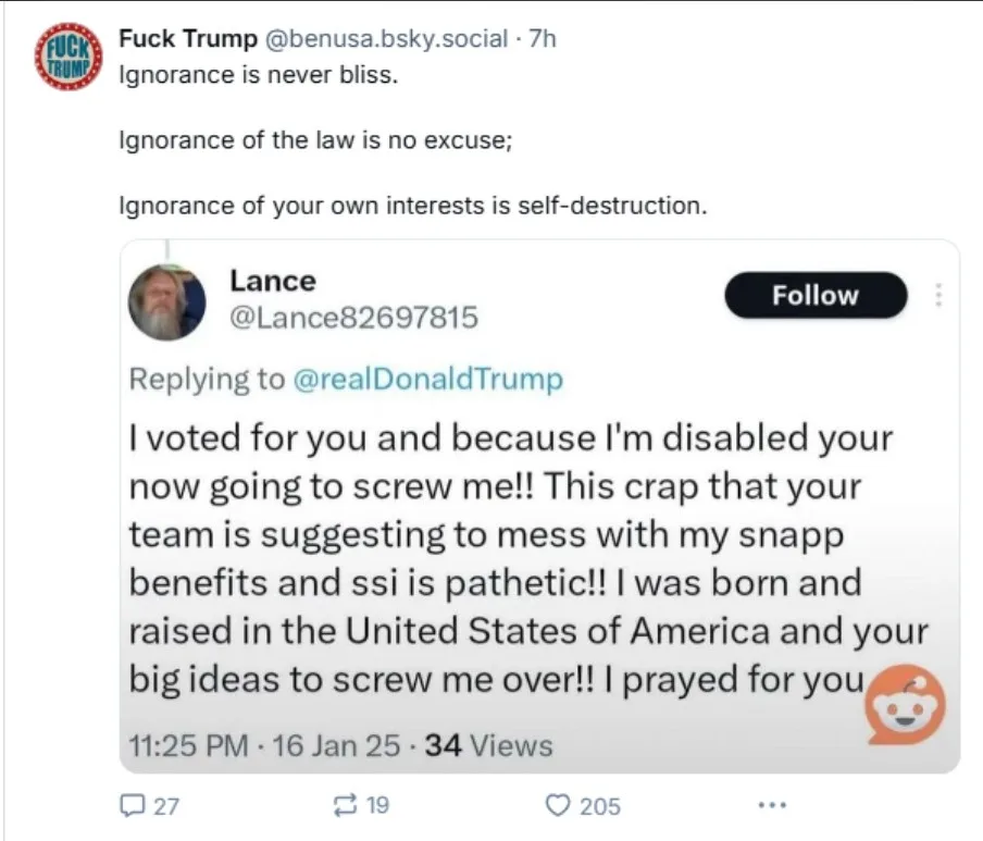 A screenshot of a social media post showing a reply from a user named Lance to Donald Trump, where Lance expresses anger…