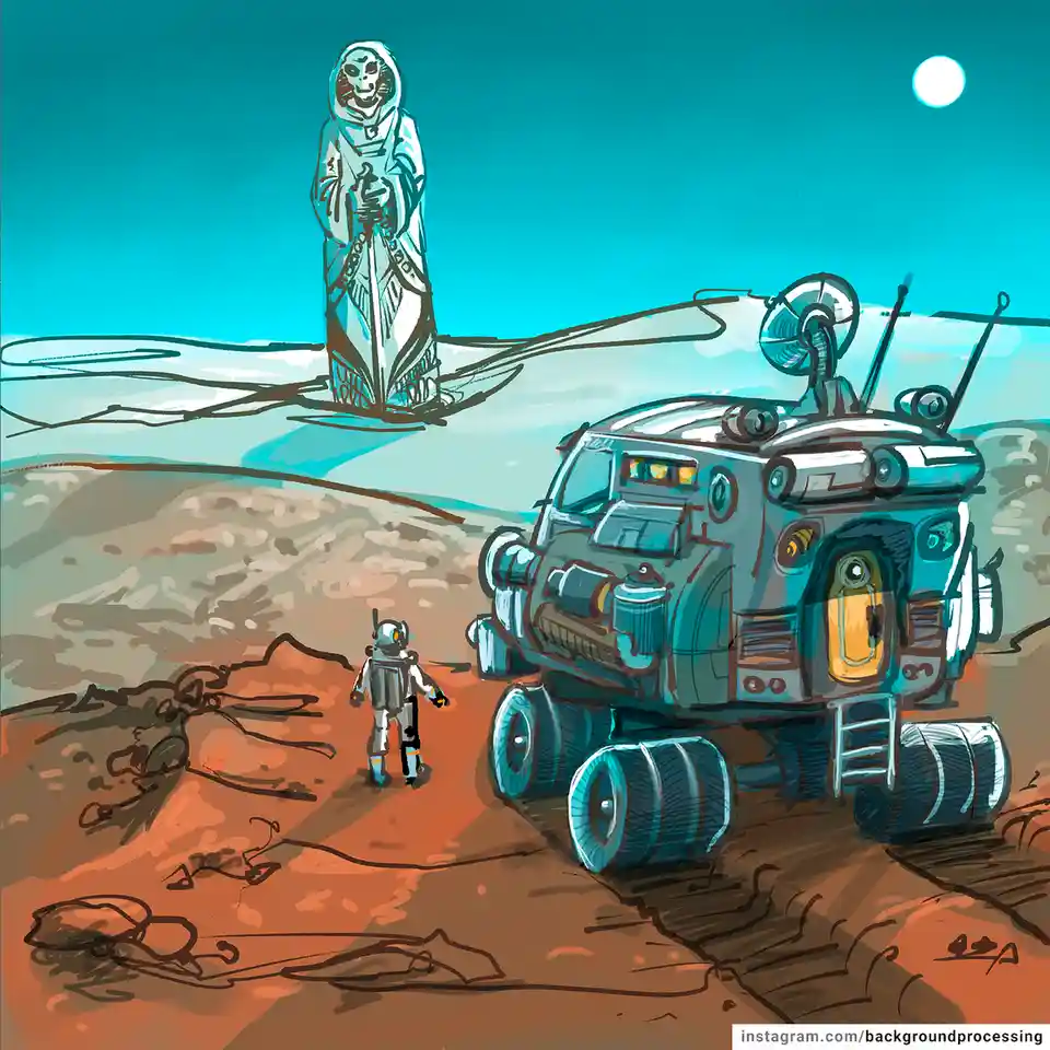 A lone astronaut in a spacesuit stands beside a rugged, futuristic rover on a barren, reddish alien planet. In the distance…