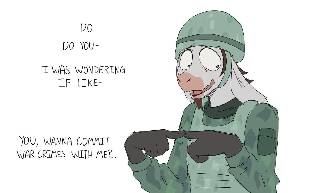 An anthropomorphic horse wearing a military helmet and camouflage uniform points at the viewer with both index fingers while…
