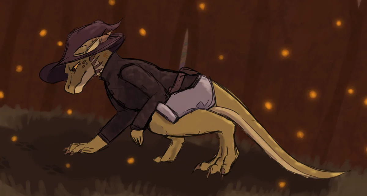 An anthropomorphic dragon with tan scales, wearing a dark purple fedora and a dark jacket over light purple pants, is…