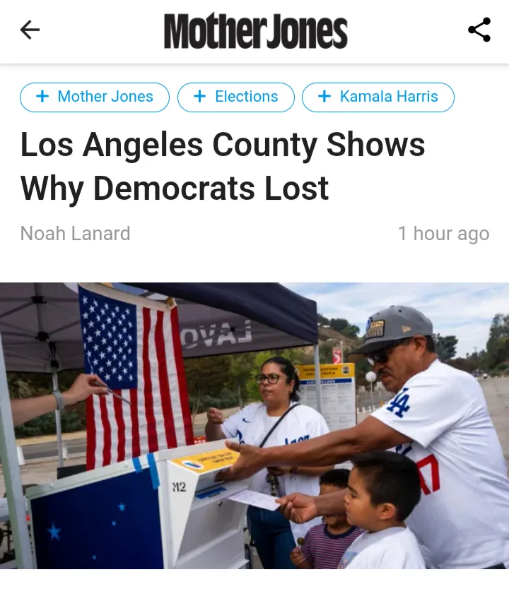 A screenshot of a Mother Jones article titled 'Los Angeles County Shows Why Democrats Lost' shows a family voting at a…