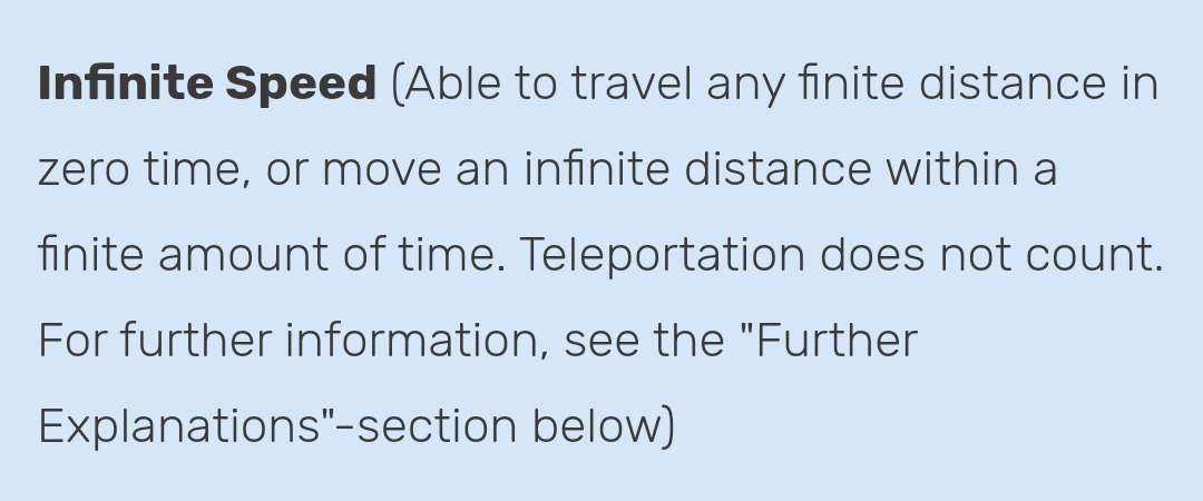The image displays a plain light blue background with black text defining 'Infinite Speed' as the ability to travel any…