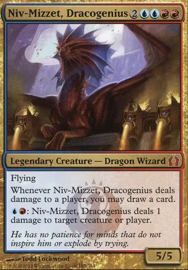 A Magic: The Gathering card for 'Niv-Mizzet, Dracogenius' shows a red dragon wizard with wings spread, sitting atop a…