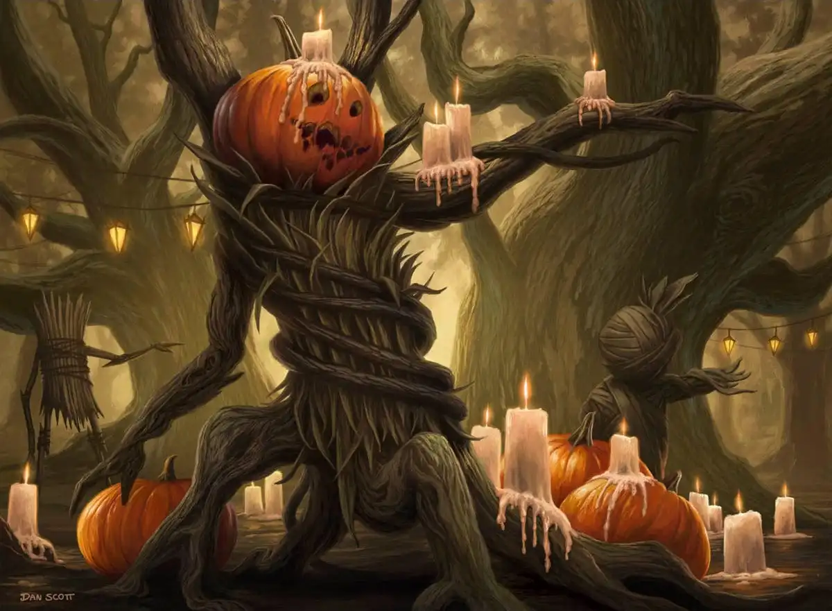 A dark, whimsical Halloween scene features a large, gnarled tree-like creature with a carved pumpkin for a head, surrounded…