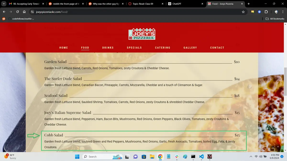A screenshot of Joey's Pizzeria's menu highlights the 'Cobb Salad' priced at $15, which includes ingredients like avocado…