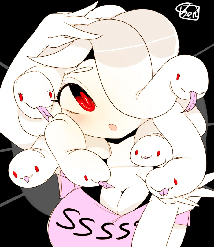 A chibi-style anime girl with white hair and red eyes is surrounded by multiple small white snake-like creatures with red…