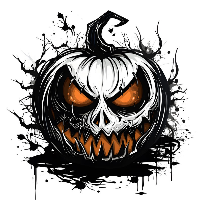 A stylized, menacing jack-o'-lantern with glowing orange eyes and a jagged, toothy grin, rendered in black and white with…