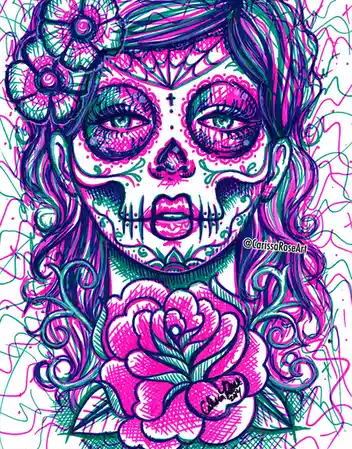 A vibrant, stylized illustration of a sugar skull woman with long, flowing hair adorned with flowers, featuring bright pink…