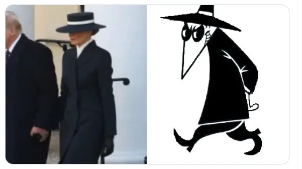 The image is split: on the left, Melania Trump walks beside Donald Trump in formal attire, wearing a dark coat and a…