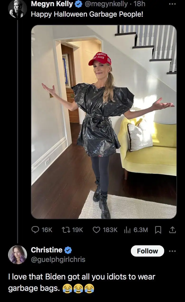 A screenshot of a tweet by Megyn Kelly showing her posing in a black garbage bag dress and a red 'Make America Great Again'…