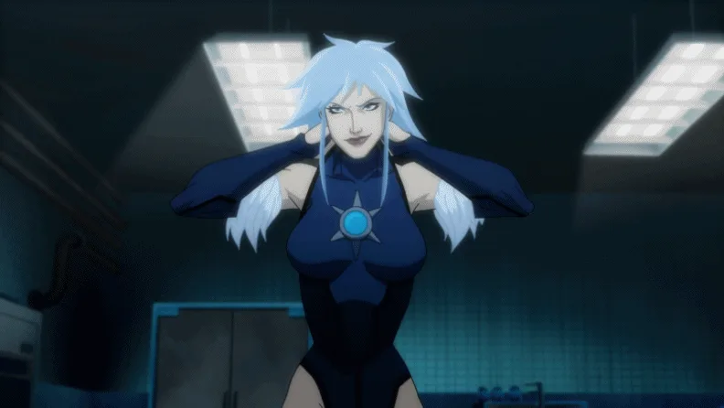 A six-panel comic strip shows a blue-haired anime woman in a dark blue outfit with white fur trim and a glowing blue…