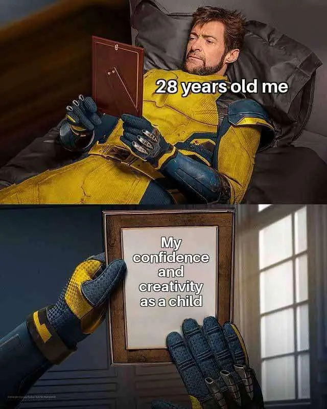 The image is a two-panel meme featuring Hugh Jackman as Wolverine. In the top panel, he lies in bed looking exhausted…