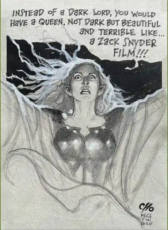 A pencil sketch of a woman with long white hair and pointed ears, wearing a revealing top, looking upward with an expression…