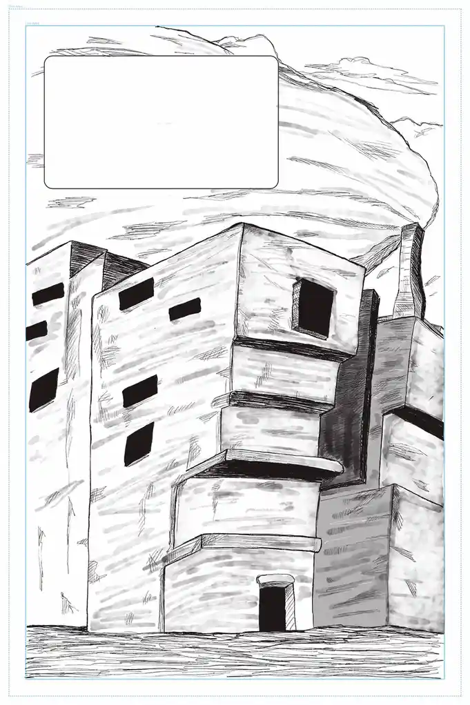 A black-and-white sketch of a blocky, angular building with multiple windows and a small door, set against a backdrop of…