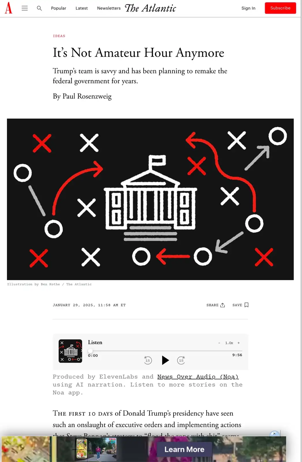 The image shows a black background with a white outline of the White House at the center, surrounded by red and white X's…