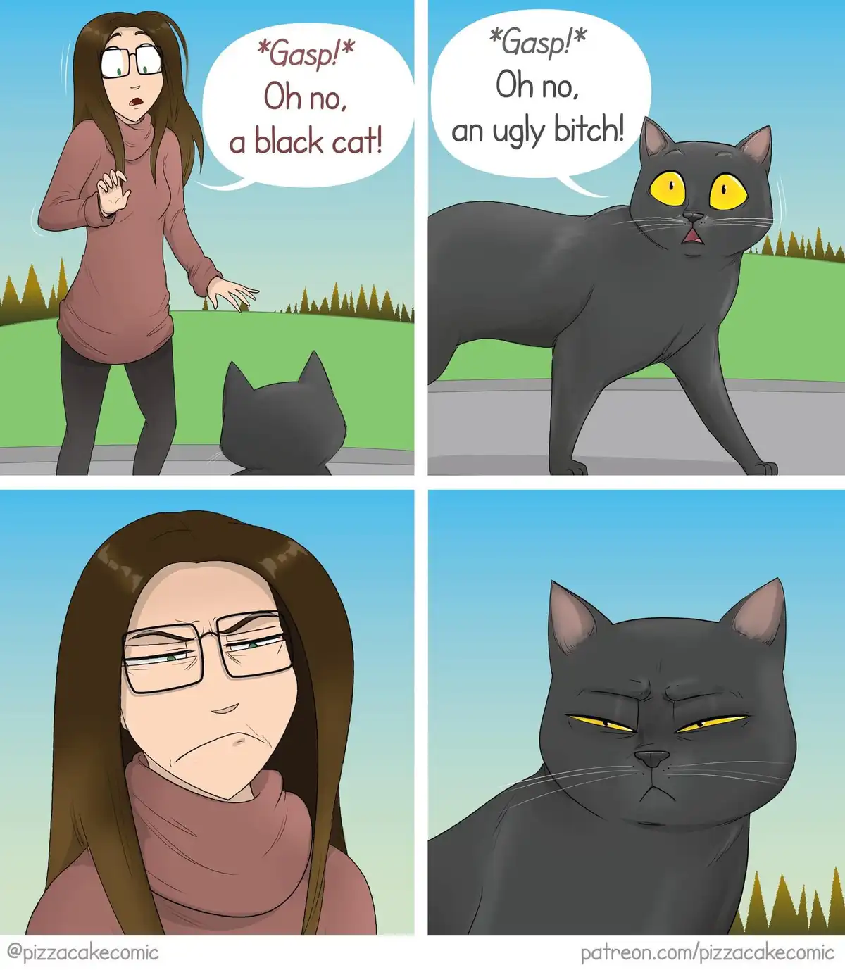 A four-panel comic shows a woman reacting with horror to a black cat, then the cat reacting with equal horror to her. Both…