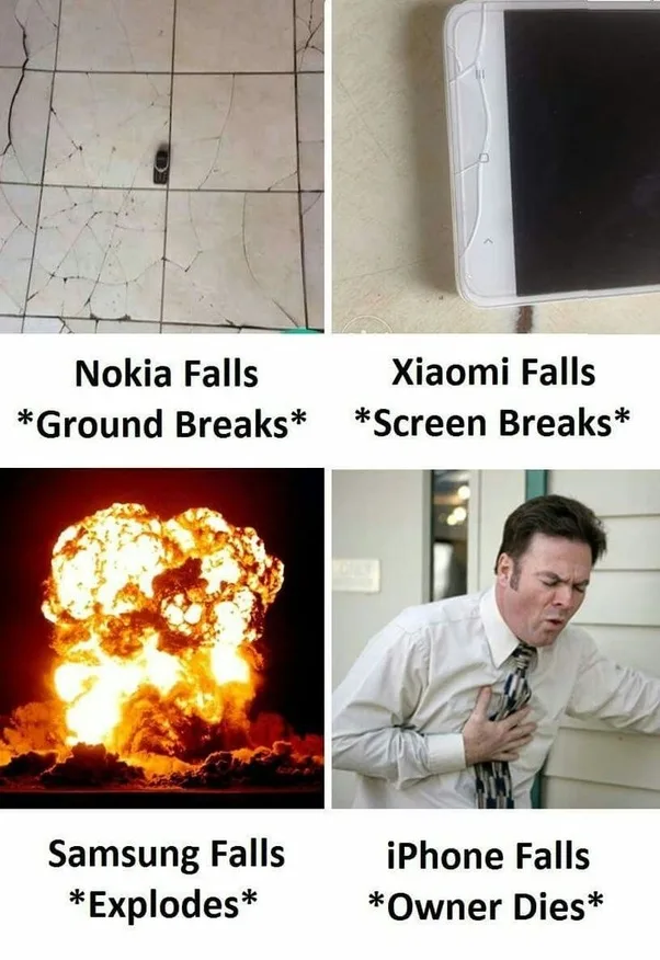 A four-panel meme comparing the durability of phones: top-left shows a cracked tile floor with a dropped phone labeled…