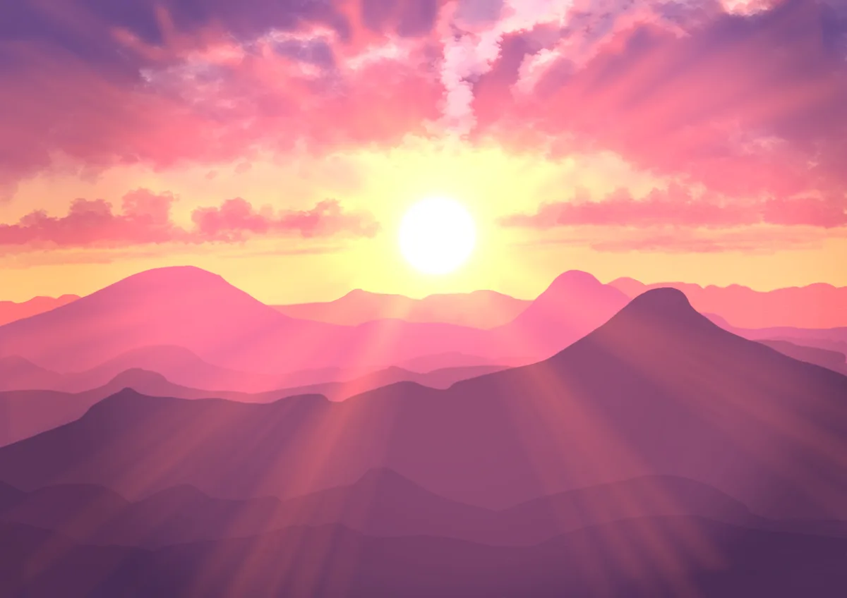 A serene digital illustration of a mountain range at sunrise or sunset, featuring layered silhouettes of hills in shades of…