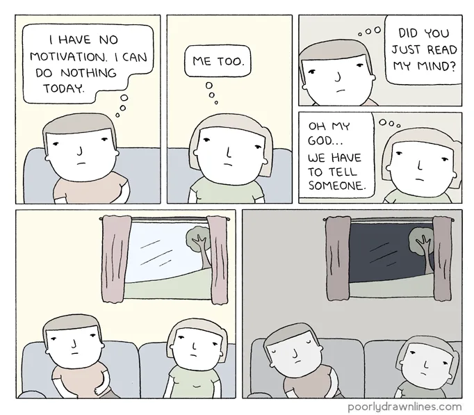 A five-panel comic strip shows two people on a couch expressing shared lack of motivation. The first person says they have…