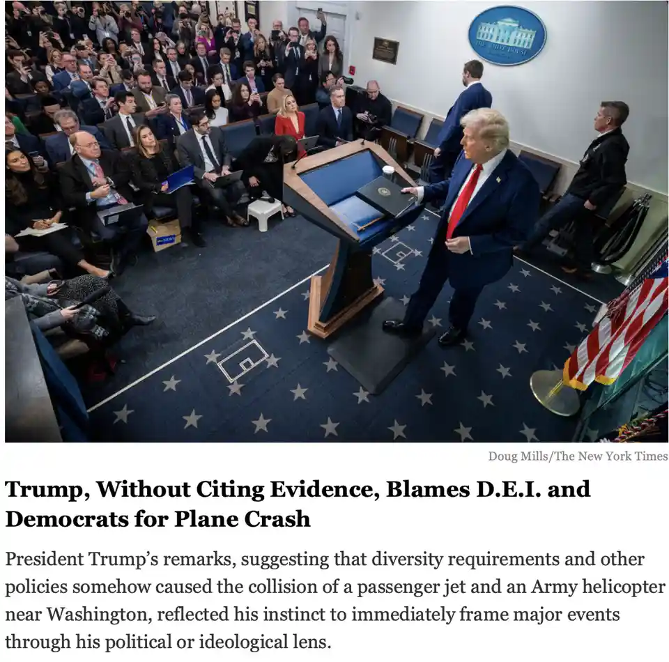 A photo of Donald Trump at a White House press briefing podium, holding a binder, surrounded by reporters. The overlaid text…
