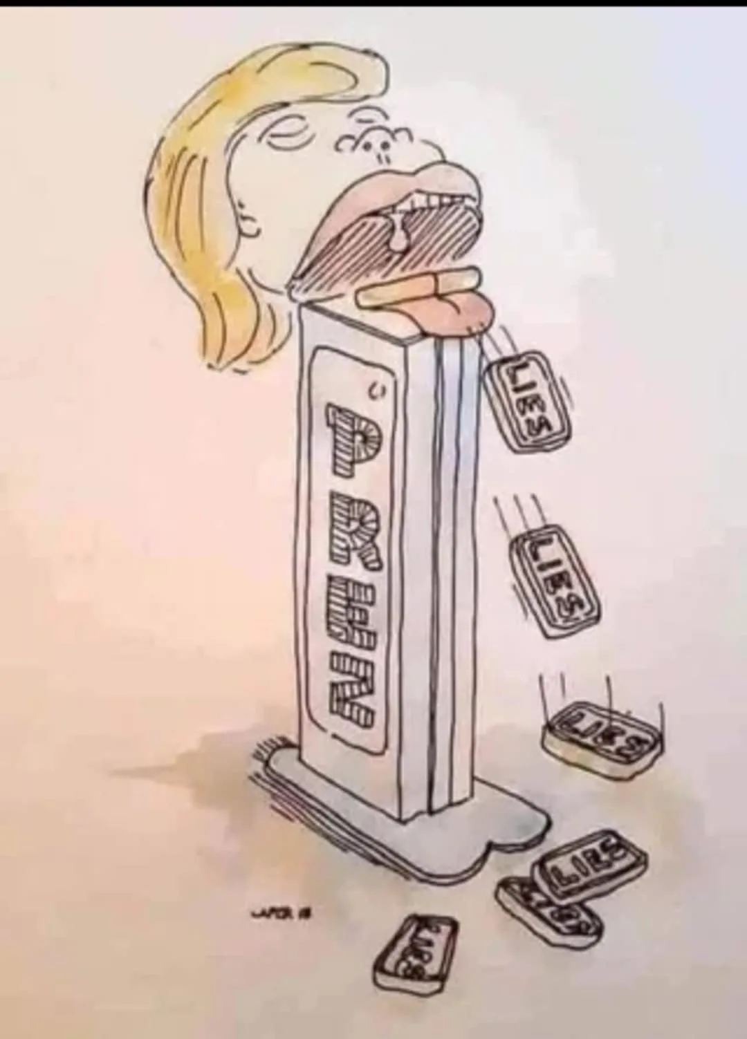 A cartoon drawing shows a person with blonde hair and a cigar in their mouth, seemingly emerging from or fused with a tall…