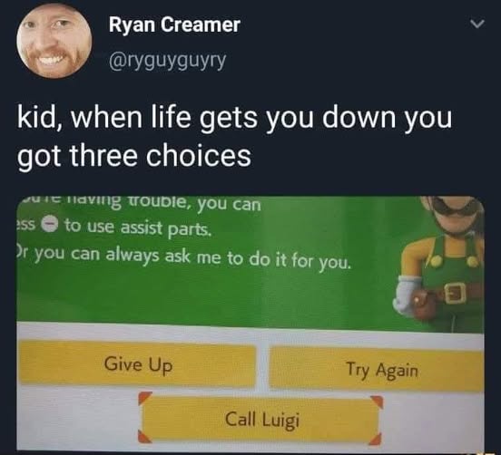 A screenshot of a tweet by Ryan Creamer showing a video game menu with three options: 'Give Up', 'Try Again', and 'Call…